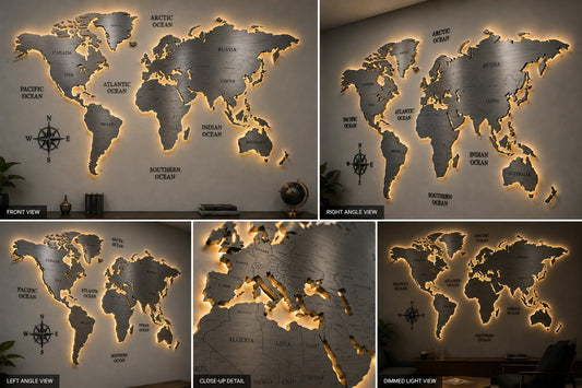 Luxury LED Backlit Metal World Map Wall Art – 3D Modern Steel World Map Decor(* 240 cm × 140 cm (94” × 55”)