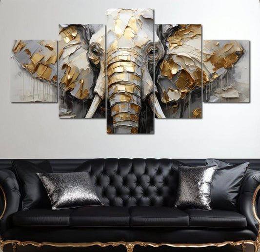 16x40"Gold & Grey Palette Knife Elephant Canvas Art – Multi-Panel Wall Decor X-Large 80" W × 40"H (200x100 cm) (2x) 16x24"