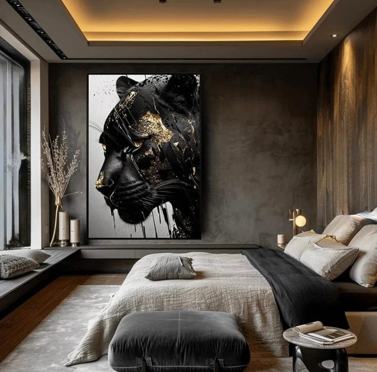 Luxury Black Panther Canvas Wall Art – Abstract Gold & Black Wildcat Print