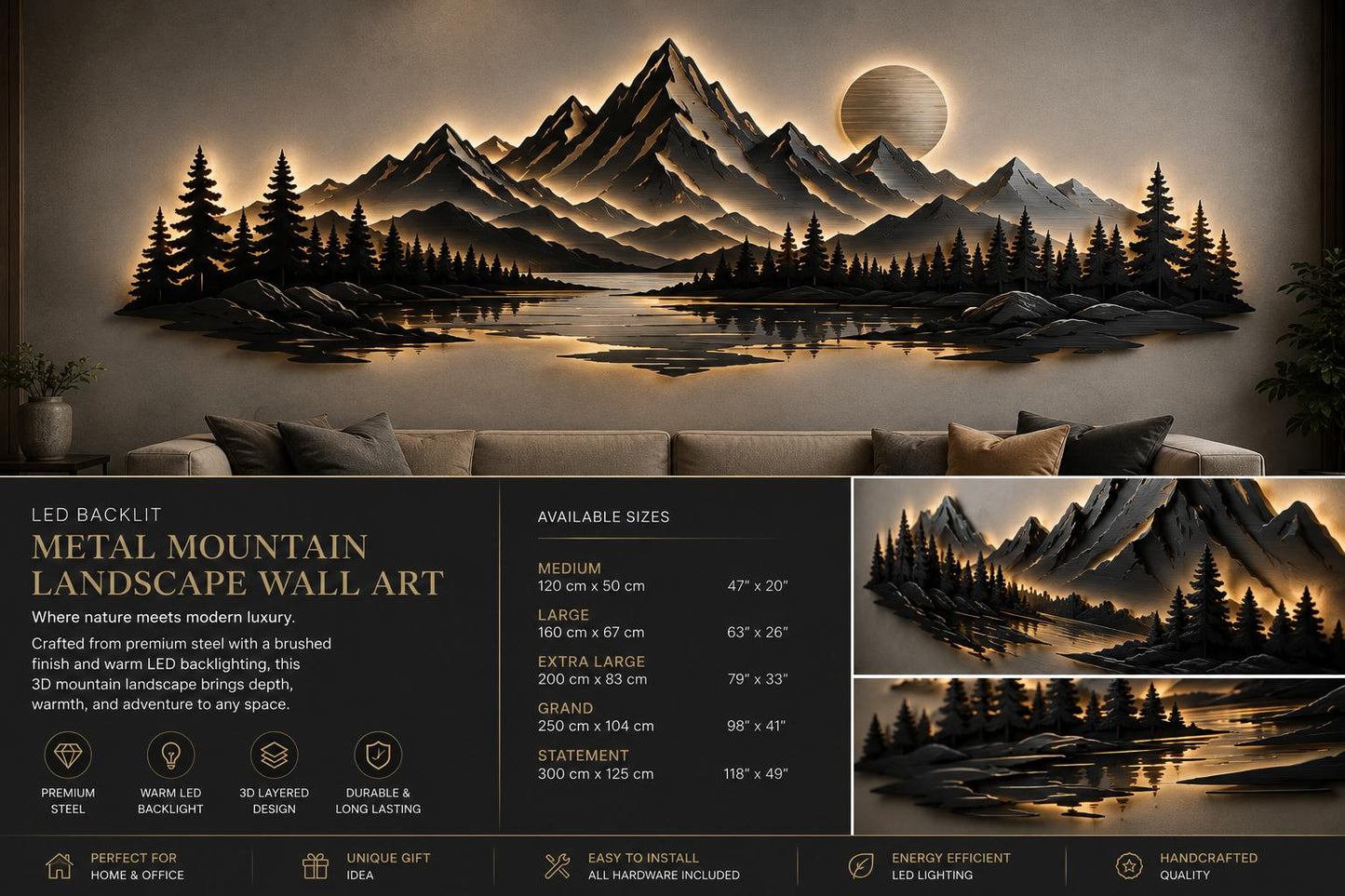 Product Title Majestic Peaks™ LED Backlit Metal Mountain Wall Art – Luxury 3D Landscape Sculpture