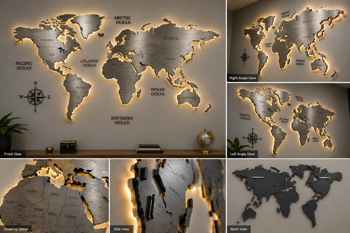 Luxury LED Backlit Metal World Map Wall Art – 3D Modern Steel World Map Decor(* 240 cm × 140 cm (94” × 55”)