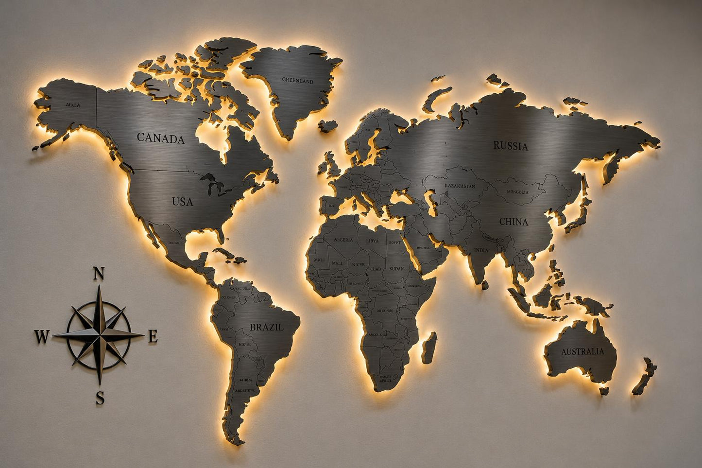 Luxury LED Backlit Metal World Map Wall Art – 3D Modern Steel World Map Decor(* 240 cm × 140 cm (94” × 55”)