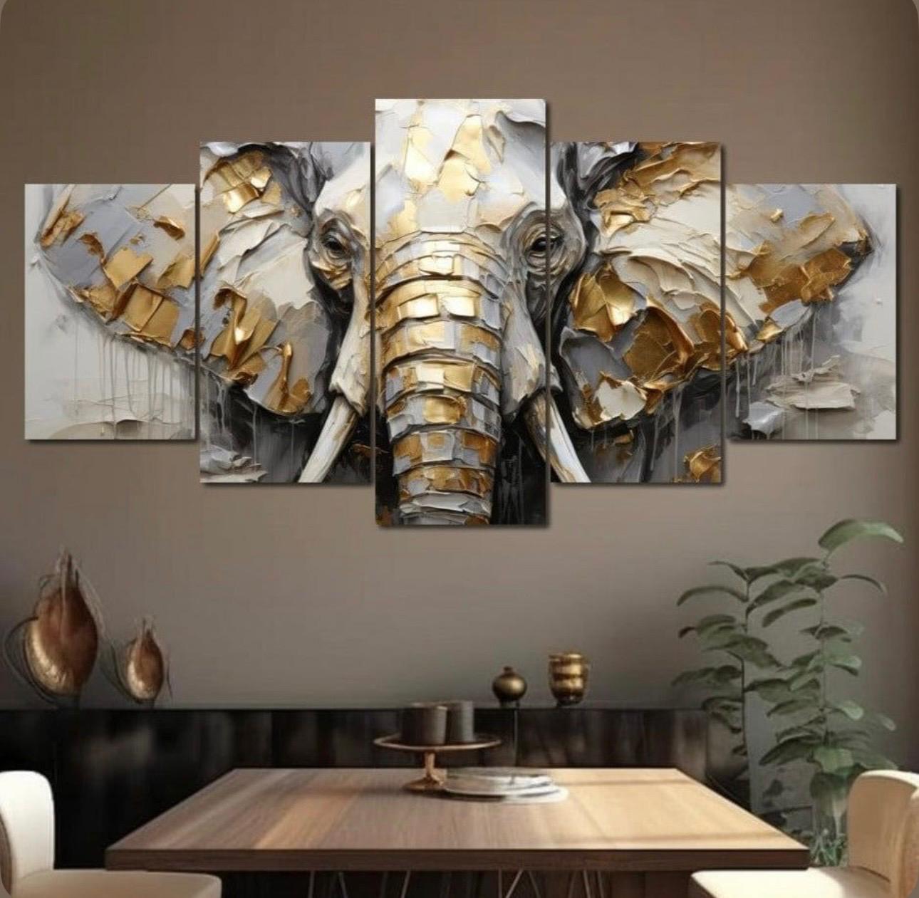 16x40"Gold & Grey Palette Knife Elephant Canvas Art – Multi-Panel Wall Decor   X-Large 80" W × 40"H (200x100 cm) (2x) 16x24"