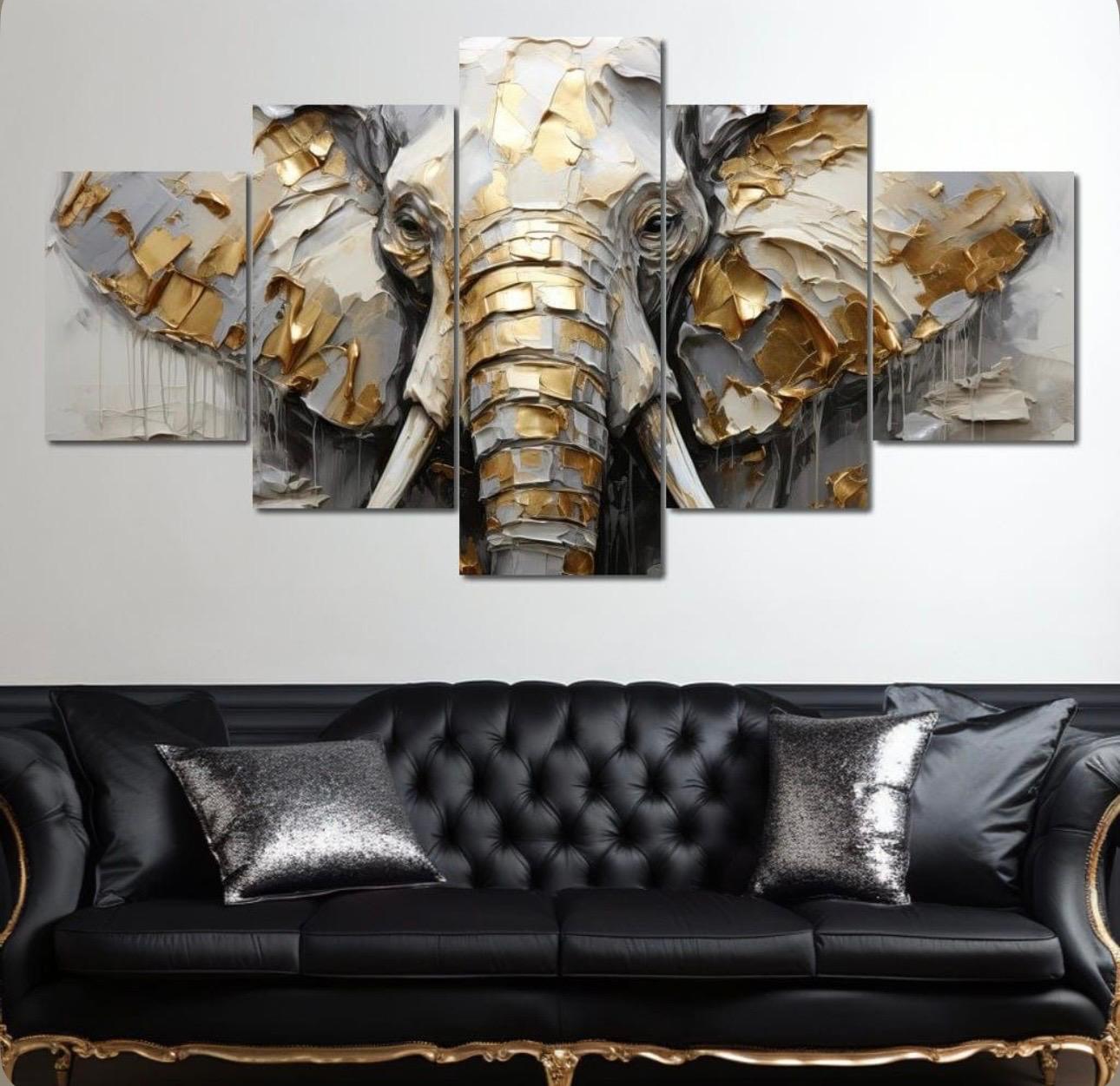 16x40"Gold & Grey Palette Knife Elephant Canvas Art – Multi-Panel Wall Decor   X-Large 80" W × 40"H (200x100 cm) (2x) 16x24"