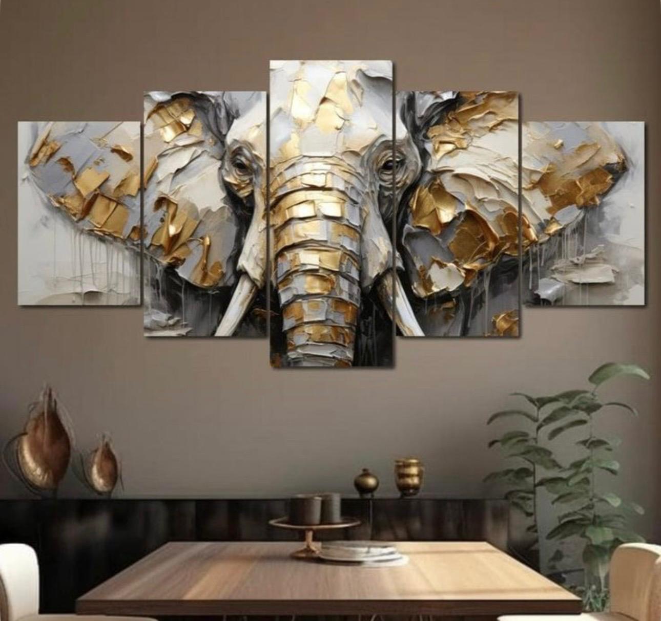 16x40"Gold & Grey Palette Knife Elephant Canvas Art – Multi-Panel Wall Decor   X-Large 80" W × 40"H (200x100 cm) (2x) 16x24"