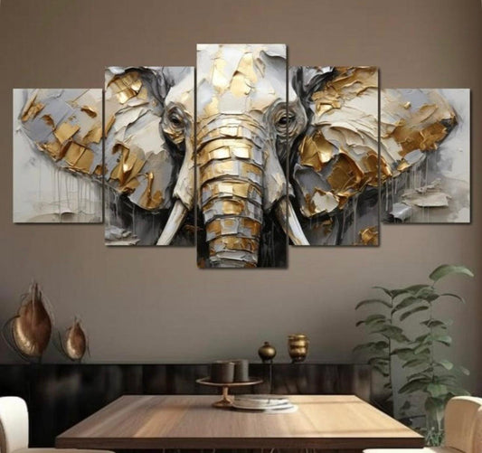 16x40"Gold & Grey Palette Knife Elephant Canvas Art – Multi-Panel Wall Decor   X-Large 80" W × 40"H (200x100 cm) (2x) 16x24"