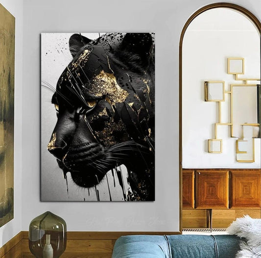 Luxury Black Panther Canvas Wall Art – Abstract Gold & Black Wildcat Print