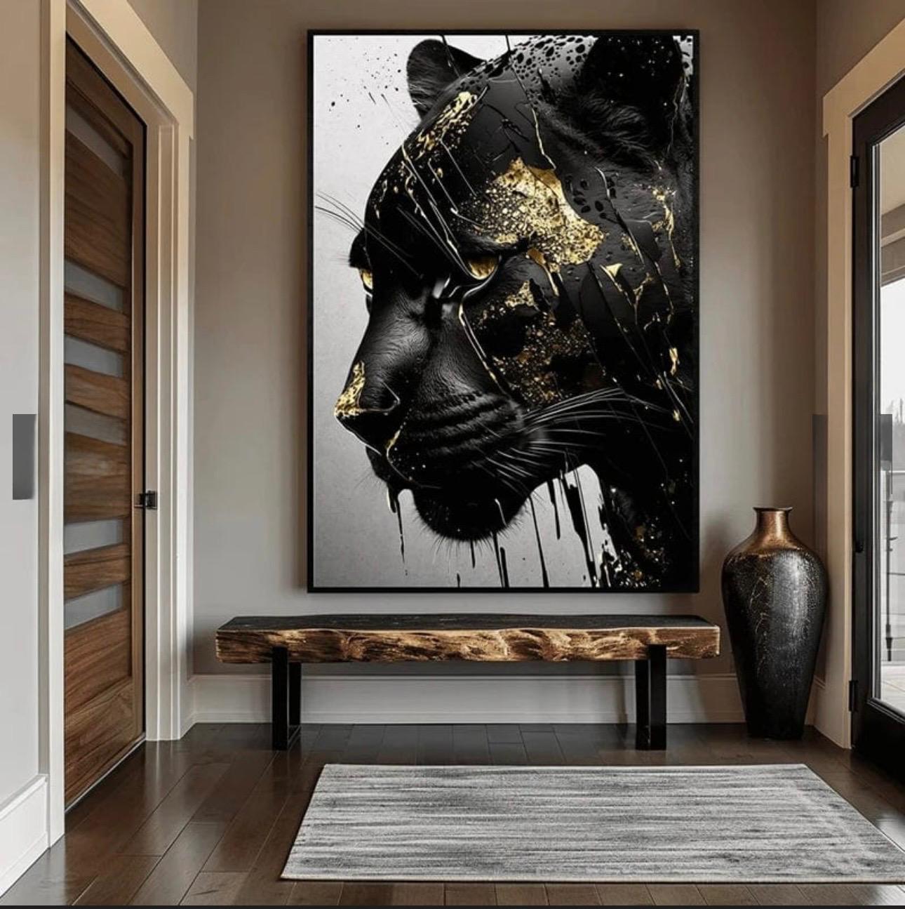 Luxury Black Panther Canvas Wall Art – Abstract Gold & Black Wildcat Print