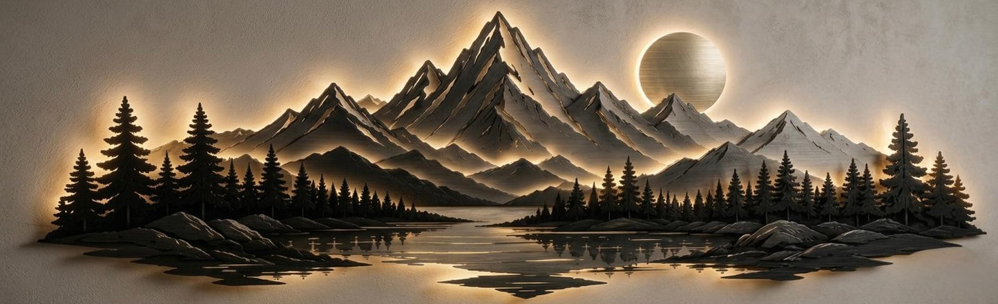 Product Title  Majestic Peaks™ LED Backlit Metal Mountain Wall Art – Luxury 3D Landscape Sculpture