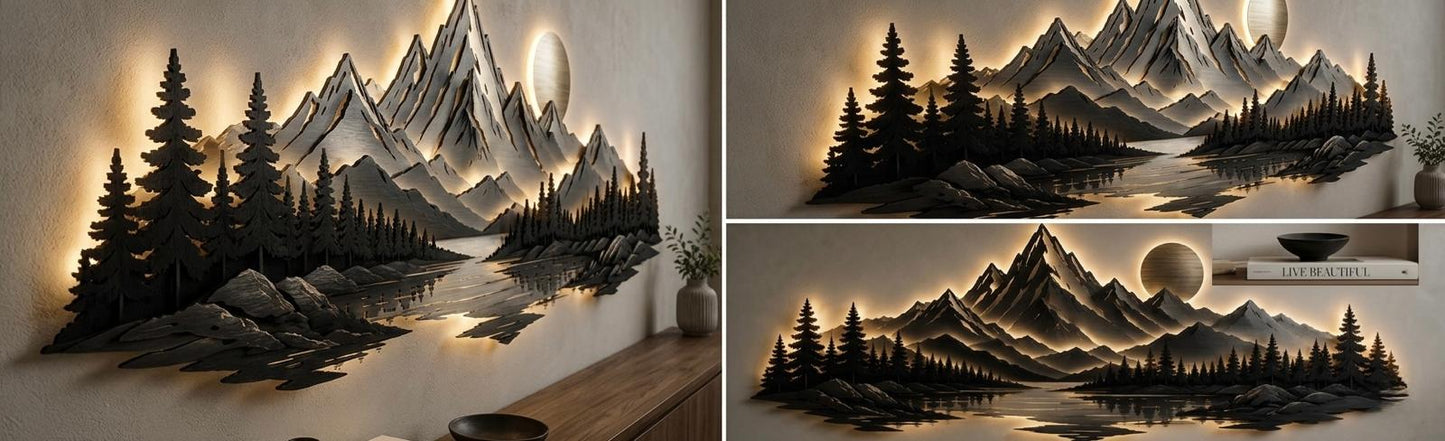 Product Title  Majestic Peaks™ LED Backlit Metal Mountain Wall Art – Luxury 3D Landscape Sculpture